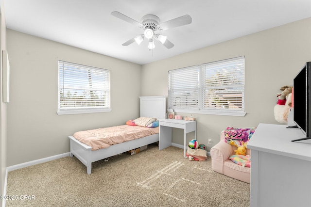 bedroom with light colored carpet and ceiling fan