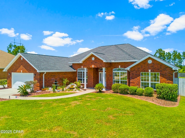 ranch-style home with a garage and a front lawn