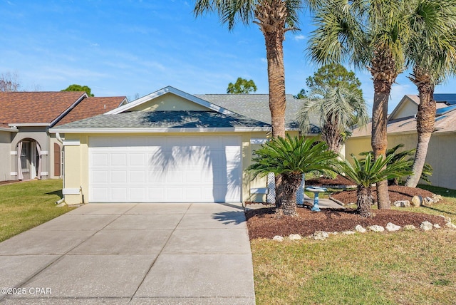 single story home featuring a garage and a front lawn