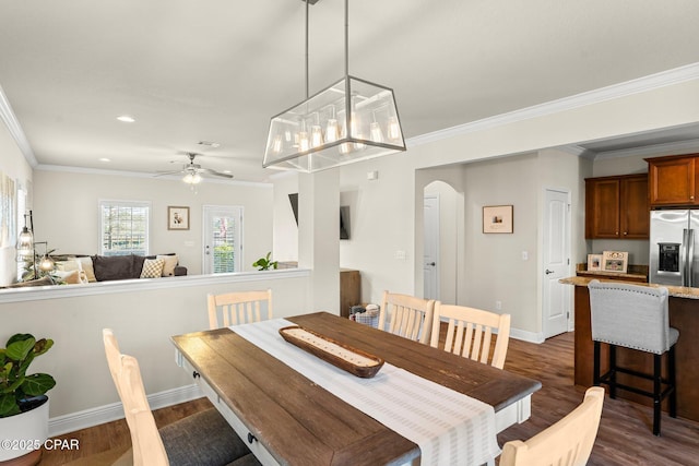 dining area featuring dark hardwood / wood-style flooring, ceiling fan, and ornamental molding