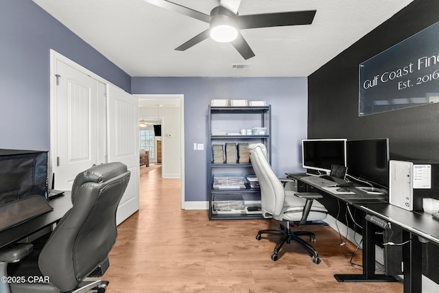 office featuring ceiling fan and light hardwood / wood-style flooring