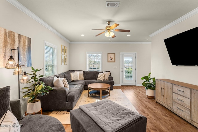 living room with ceiling fan, light hardwood / wood-style floors, and ornamental molding