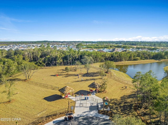 bird's eye view featuring a water view and a rural view