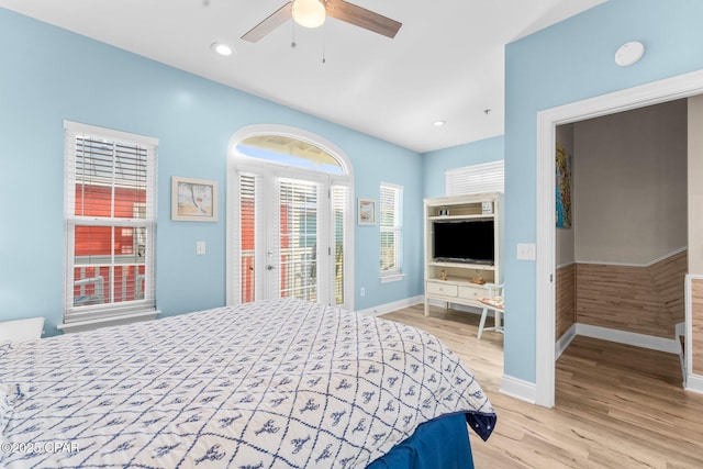 bedroom featuring ceiling fan and light wood-type flooring