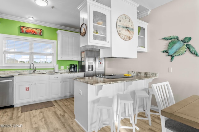 kitchen featuring white cabinets, stainless steel appliances, light stone countertops, and sink