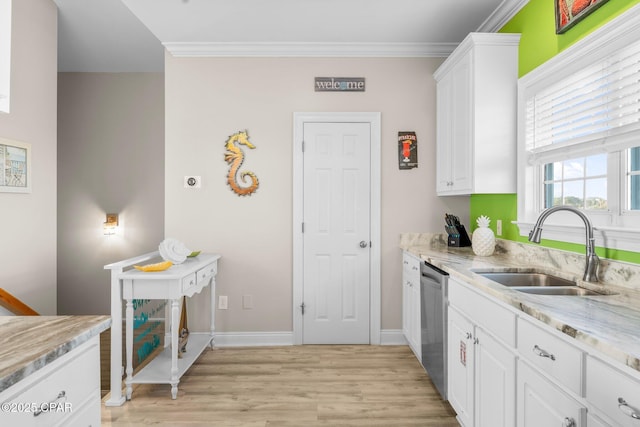 kitchen with dishwasher, light stone countertops, white cabinetry, and sink