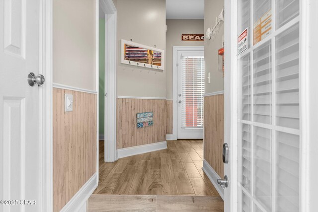 corridor featuring light hardwood / wood-style floors, a wealth of natural light, and wood walls