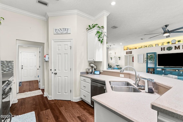 kitchen with white cabinets, a textured ceiling, sink, dishwasher, and dark hardwood / wood-style floors