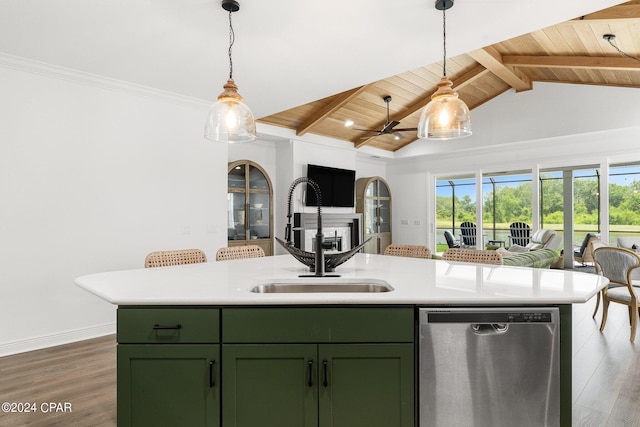 kitchen featuring stainless steel dishwasher, wooden ceiling, dark hardwood / wood-style flooring, and sink