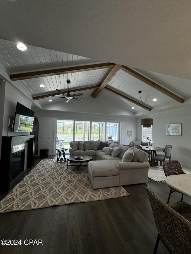 living room featuring ceiling fan, wooden ceiling, lofted ceiling with beams, and wood-type flooring