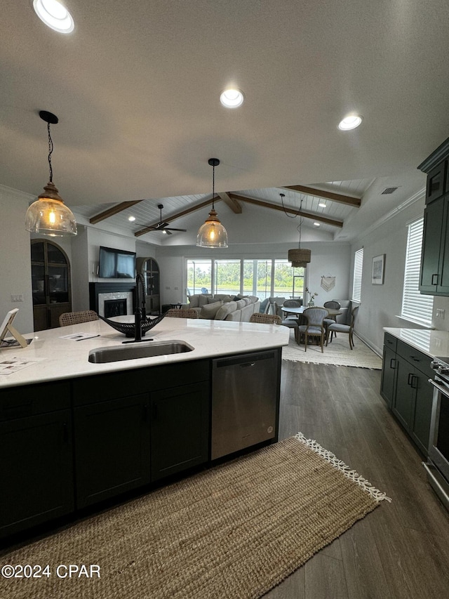 kitchen featuring stainless steel dishwasher, vaulted ceiling, hanging light fixtures, dark hardwood / wood-style flooring, and sink