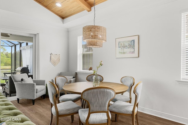 dining room with plenty of natural light, ornamental molding, wood ceiling, and dark hardwood / wood-style floors