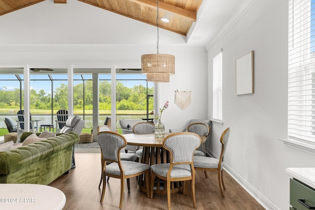 dining space featuring dark hardwood / wood-style flooring, an inviting chandelier, wooden ceiling, and lofted ceiling with beams