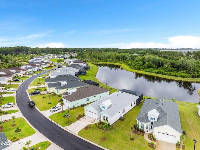 drone / aerial view featuring a water view