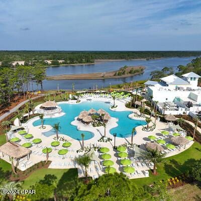 drone / aerial view featuring a water view