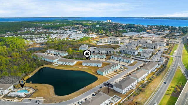 drone / aerial view featuring a water view