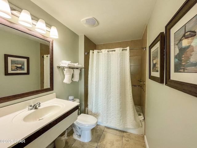 full bathroom with tile patterned flooring, shower / bath combination with curtain, toilet, and sink