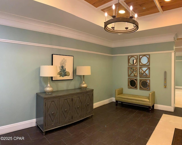 living area with beam ceiling, crown molding, and wooden ceiling