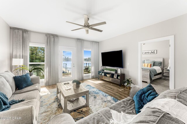 living room with ceiling fan, wood-type flooring, and a fireplace