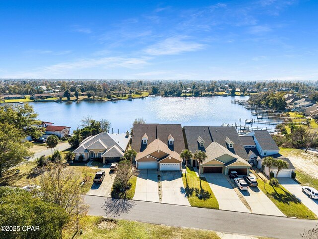 drone / aerial view with a water view