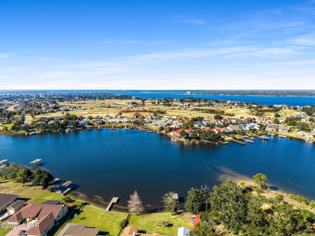 drone / aerial view with a water view