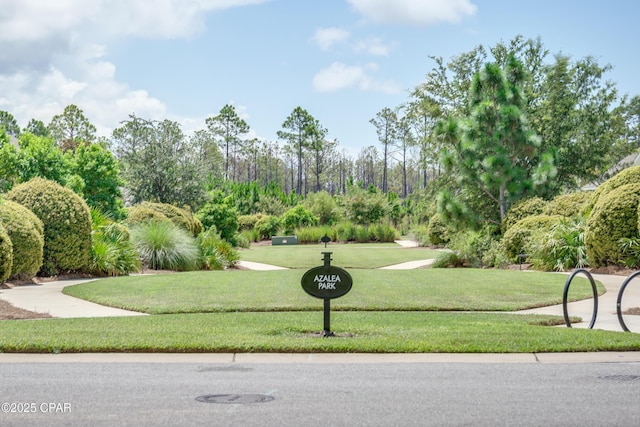 view of property's community with a lawn