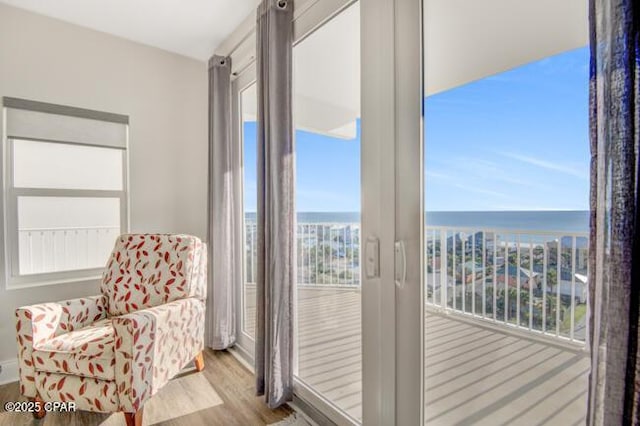 living area with light hardwood / wood-style floors, a water view, and a wealth of natural light