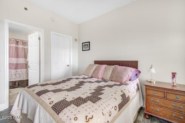 bedroom featuring ensuite bath and dark wood-type flooring