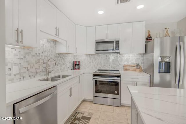 kitchen with tasteful backsplash, sink, white cabinets, and stainless steel appliances