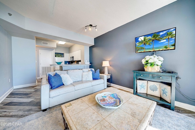 living room with a textured ceiling and hardwood / wood-style flooring