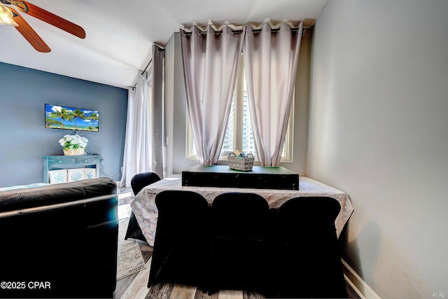 dining room featuring ceiling fan and vaulted ceiling