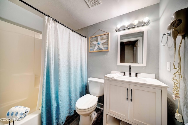 full bathroom with toilet, vanity, and shower / bathtub combination with curtain