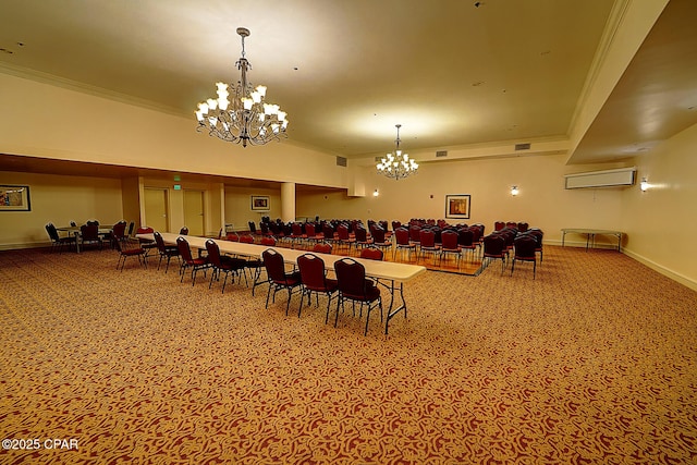 dining space featuring carpet floors, a wall unit AC, crown molding, and an inviting chandelier