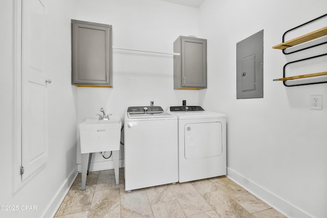 laundry area featuring electric panel, baseboards, and washing machine and clothes dryer