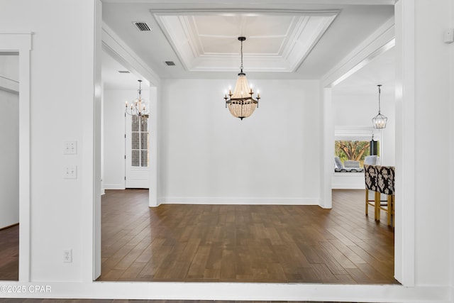 dining space featuring a chandelier, visible vents, a tray ceiling, and dark wood-style flooring