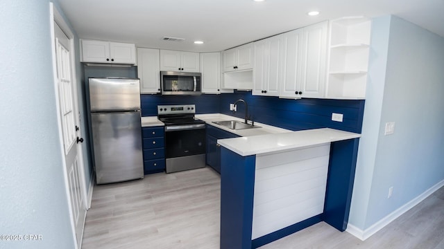 kitchen featuring sink, light hardwood / wood-style flooring, stainless steel appliances, and white cabinets