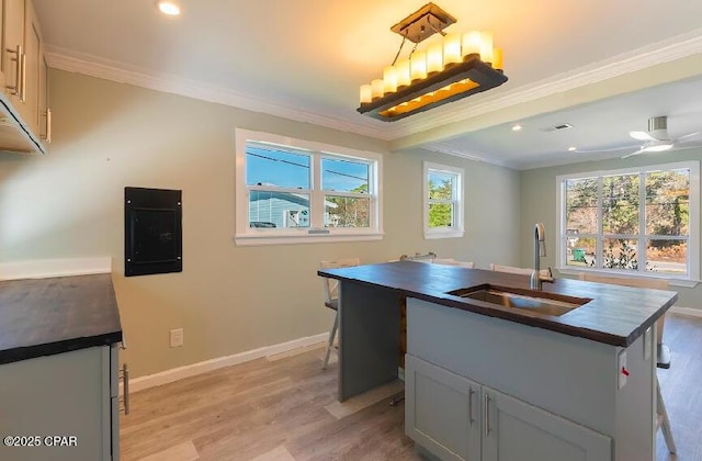 office space with ceiling fan, a healthy amount of sunlight, crown molding, and sink