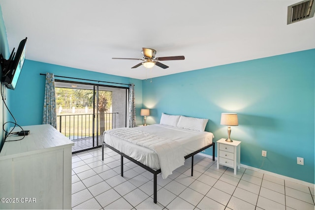 tiled bedroom with ceiling fan and access to outside