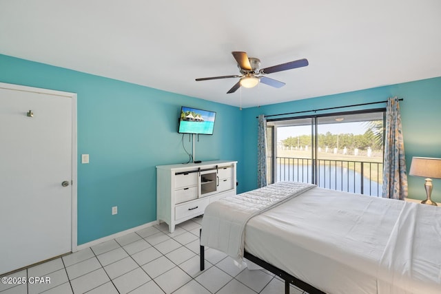 bedroom with access to outside, light tile patterned flooring, and ceiling fan