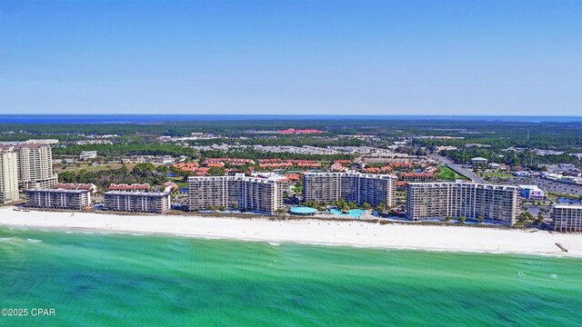 bird's eye view featuring a water view and a view of the beach