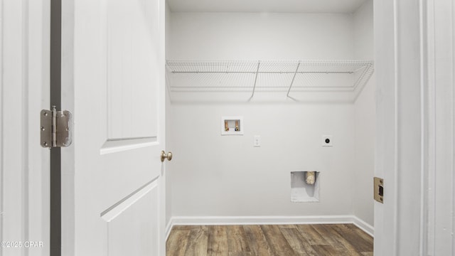 laundry room with electric dryer hookup, hookup for a washing machine, and dark hardwood / wood-style flooring