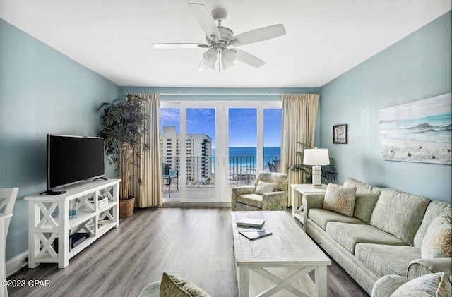 living room with hardwood / wood-style flooring and ceiling fan