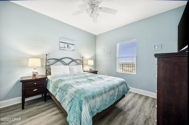 bedroom featuring ceiling fan and wood-type flooring