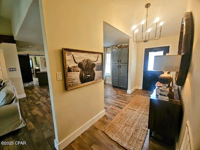 hallway with dark hardwood / wood-style floors, a barn door, and an inviting chandelier