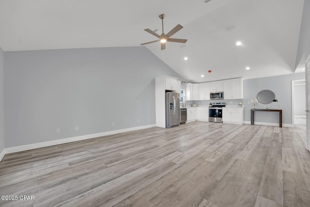 unfurnished living room featuring recessed lighting, light wood-style floors, ceiling fan, high vaulted ceiling, and baseboards