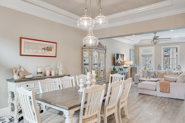 dining area featuring ornamental molding, ceiling fan, light hardwood / wood-style flooring, and a tray ceiling