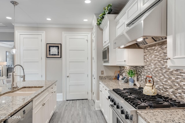 kitchen featuring decorative light fixtures, stainless steel appliances, ventilation hood, and sink