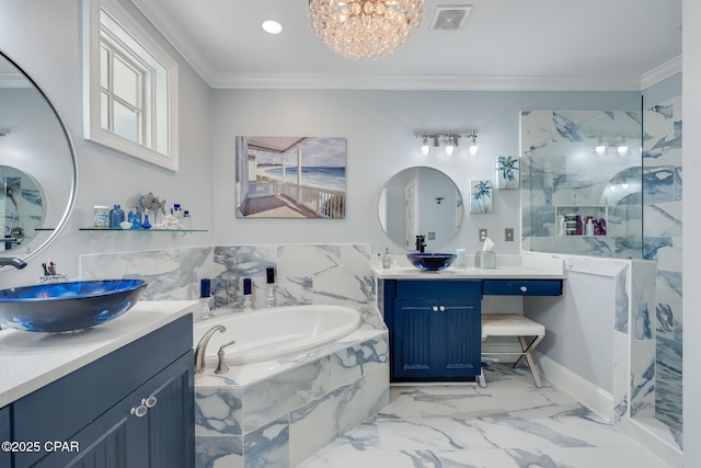 bathroom featuring independent shower and bath, vanity, crown molding, and a chandelier