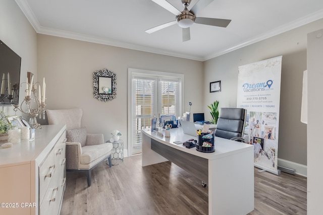 office area featuring ceiling fan, light hardwood / wood-style flooring, and crown molding