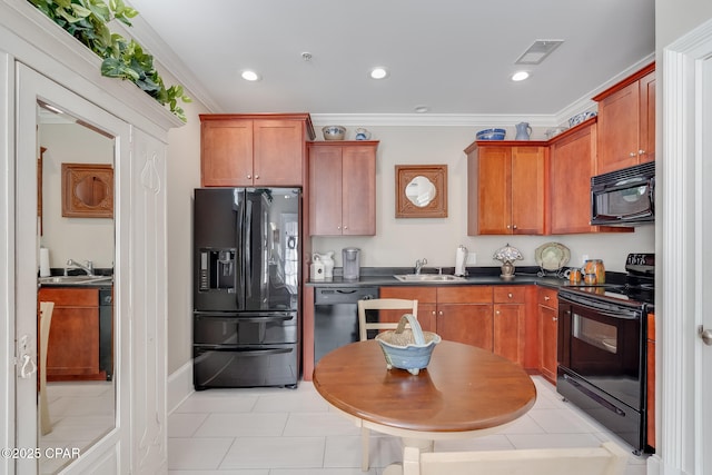 kitchen featuring crown molding, light tile patterned floors, black appliances, and sink